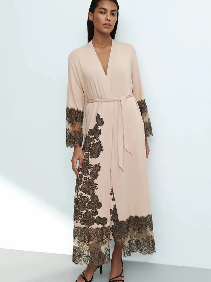 Almond Milk Night Bloom Long Sleeve Robe S / Almond