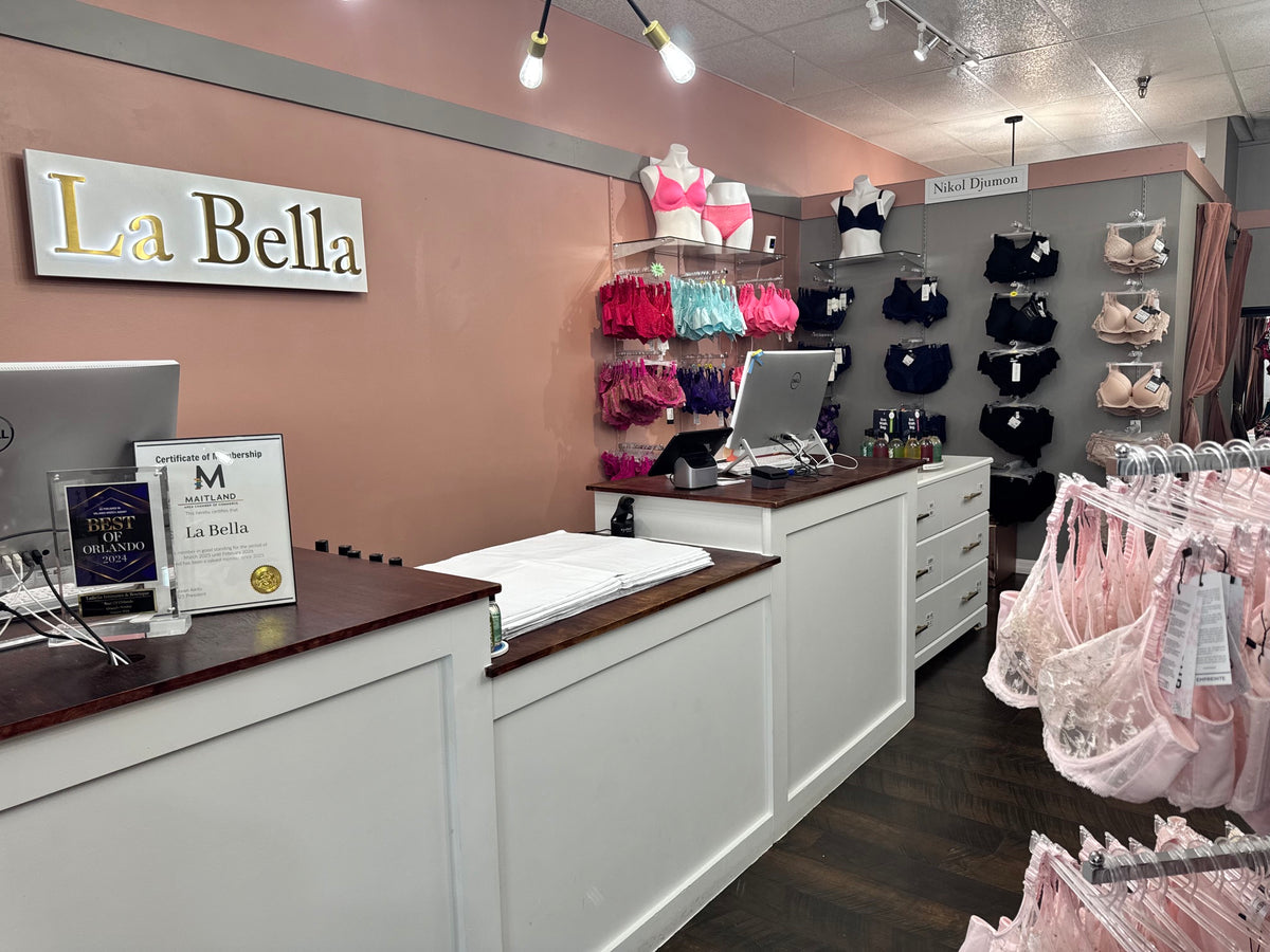 LaBella sign and welcome counter inside the Maitland lingerie boutique