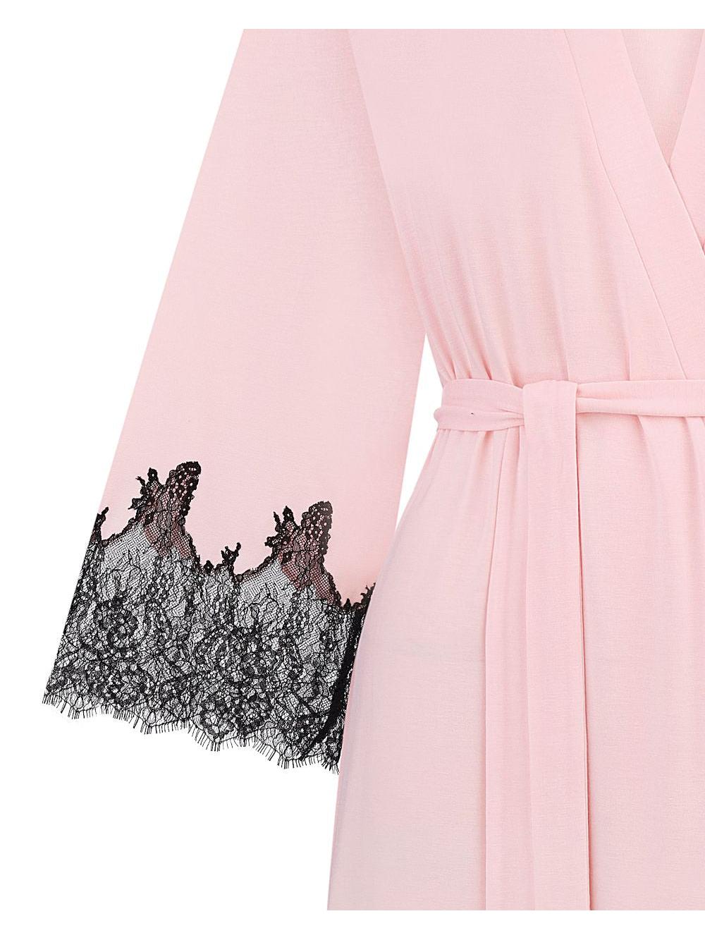 Effetto Lingerie-Pink & Black Lace Bamboo 3/4 Sleeve Robe