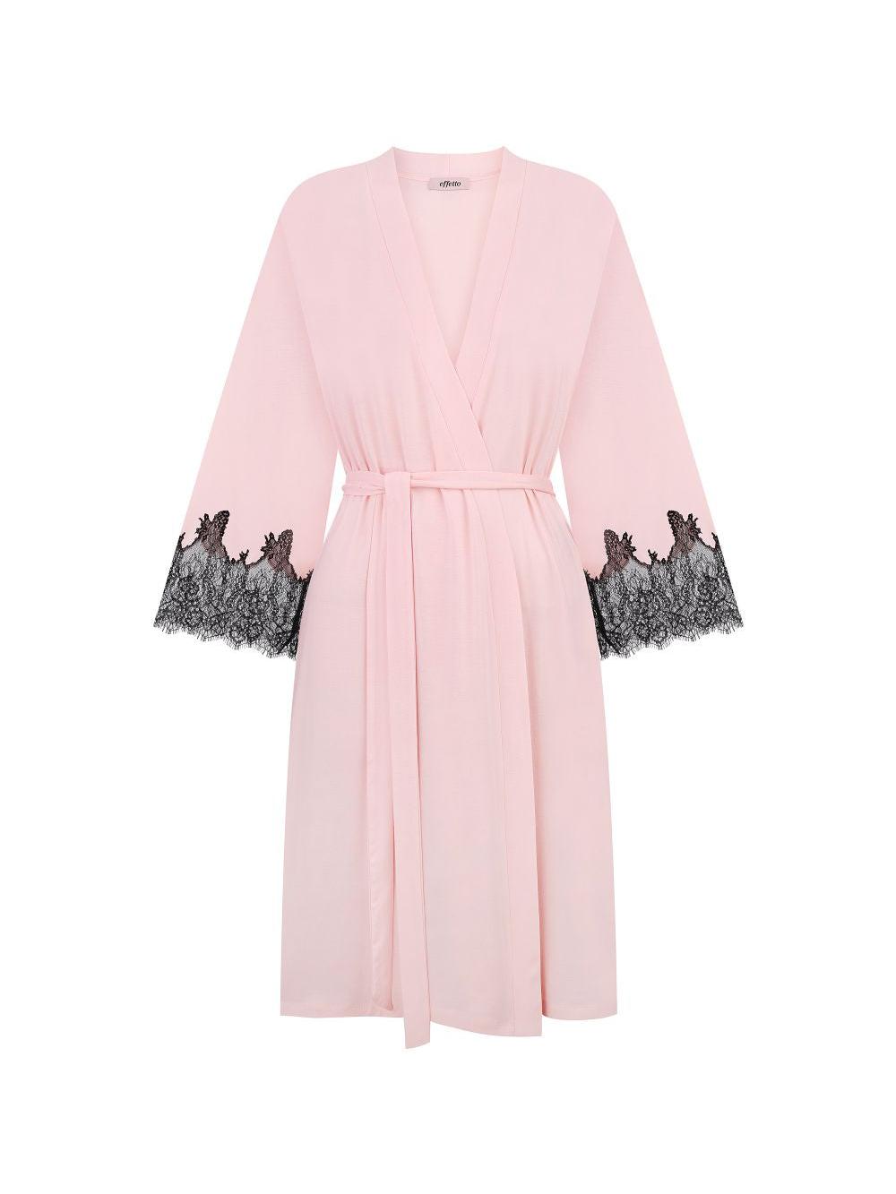 Effetto Lingerie-Pink & Black Lace Bamboo 3/4 Sleeve Robe