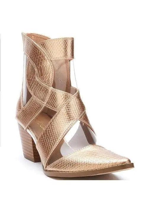 Matisse-Anthem Bronze Snake Embossed Clear Vinyl Booties