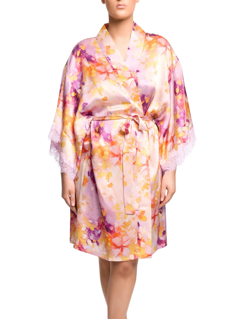 Sainted Sister-Painted Petals 100% Silk Scarlett Print Kimono Robe