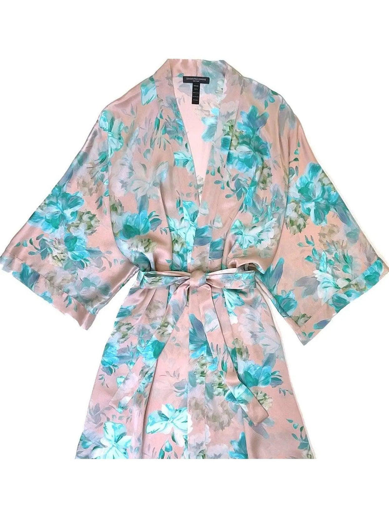 Samantha Chang Classic Silk Print Short Kimono Robe Color: Turquise Blossoms
