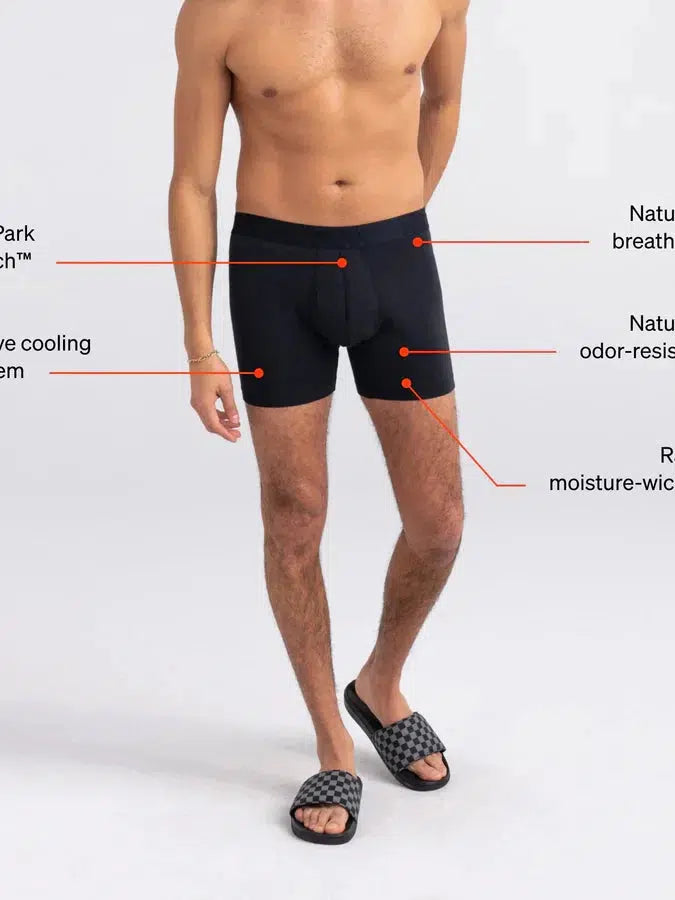 SAXX DropTemp Cooling Cotton Boxer Brief in Lures Blueberry — general fit and features illustration showing Black