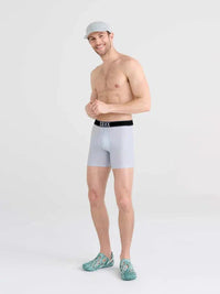 SAXX DropTemp Cooling Hydro Liner Boxer Brief in Liner Grey — front view on model