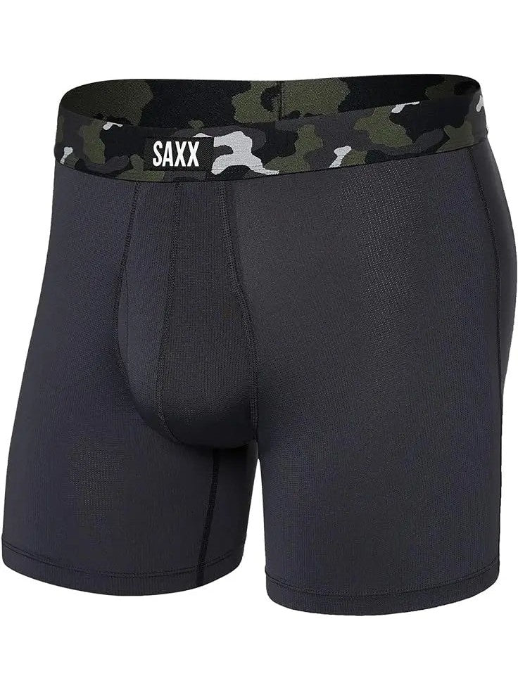SAXX Sport Mesh Boxer Briefs in Faded Black Camo — front view
