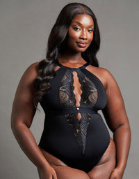 Scantilly by Curvy Kate Indulgence Multiway Stretch Lace Body in Black/Latte, full front view