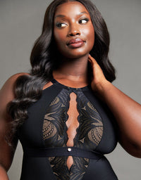 Scantilly by Curvy Kate Indulgence Multiway Stretch Lace Body in Black/Latte, front view