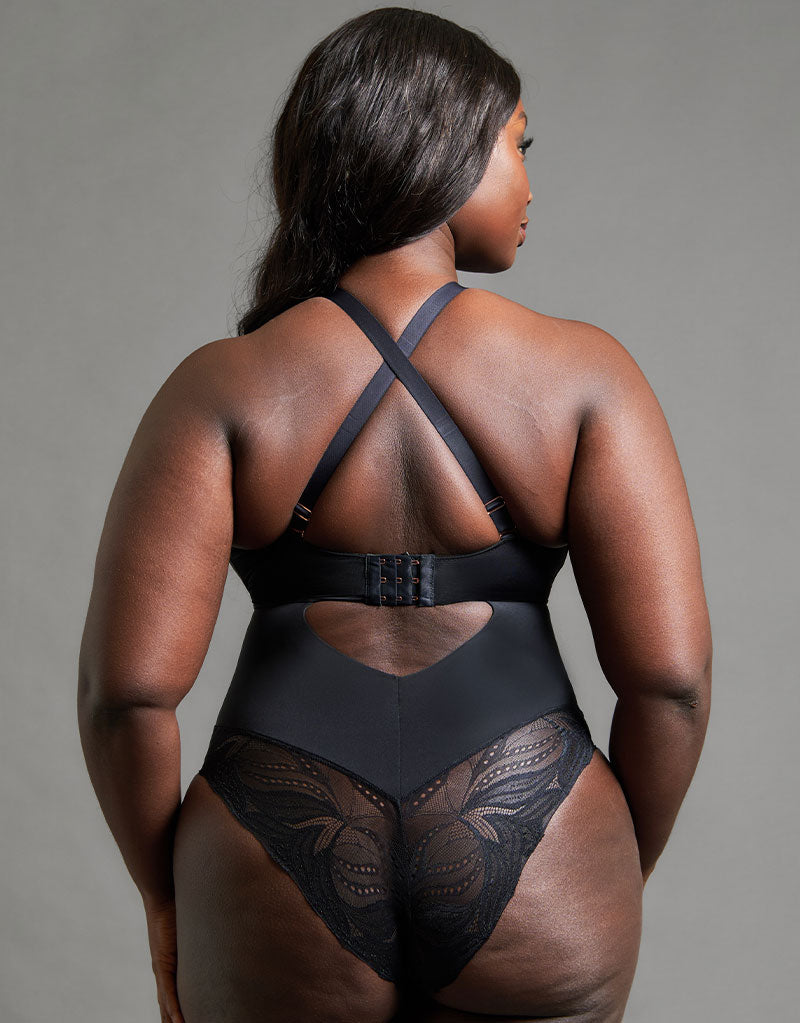 Scantilly by Curvy Kate Indulgence Multiway Stretch Lace Body in Black/Latte, full back view