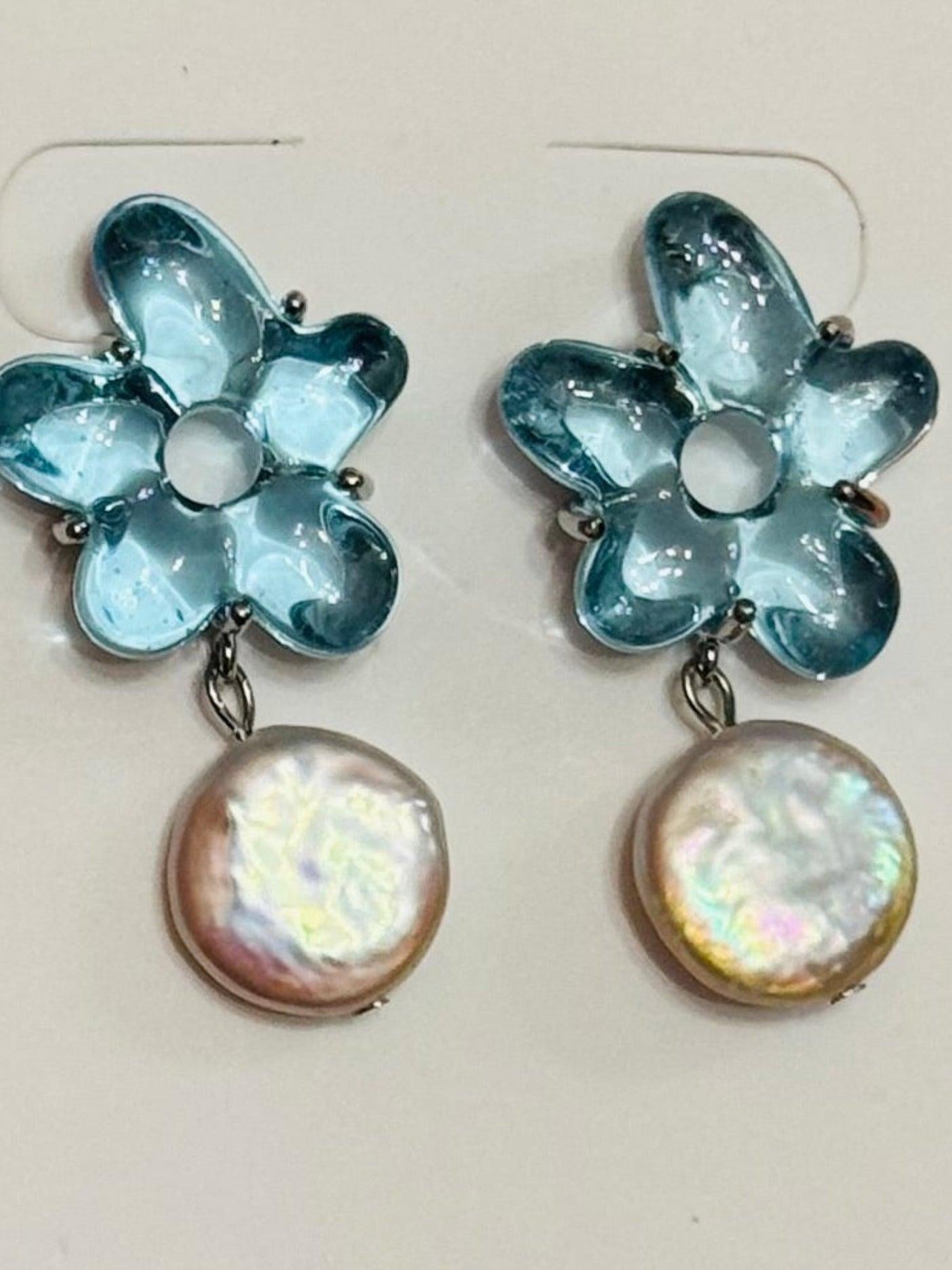 Blue Flower with Freshwater Coin Pearl-Stud Earrings