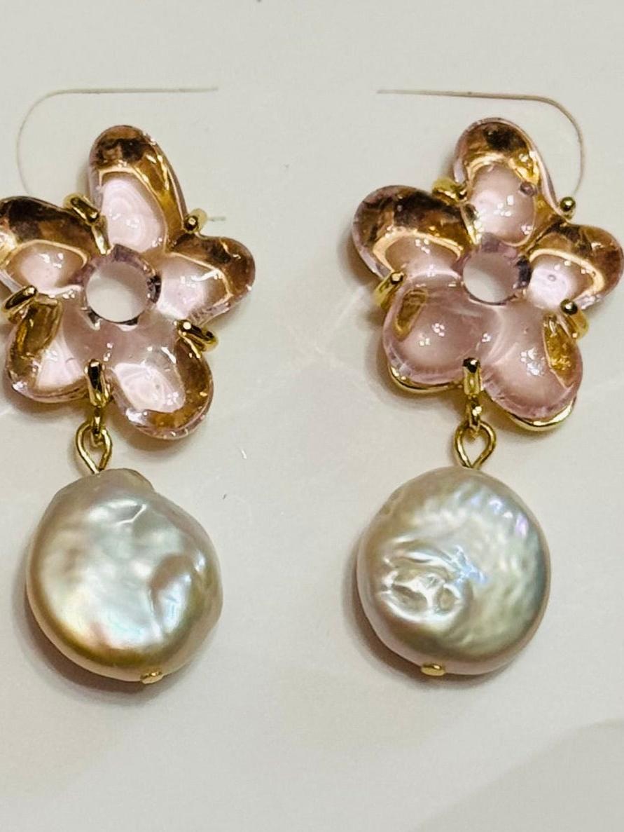 Blush Flower with Freshwater Coin Pearl-Stud Earrings