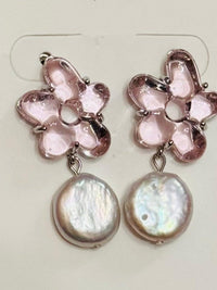 Pink Flower with Freshwater Coin Pearl-Stud Earrings
