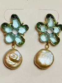 Teal Flower with Freshwater Coin Pearl-Stud Earrings