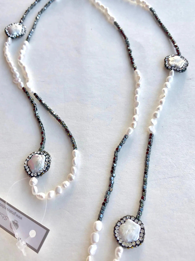 Seed Pearl Pyrite and Sparkle Druzy Necklace