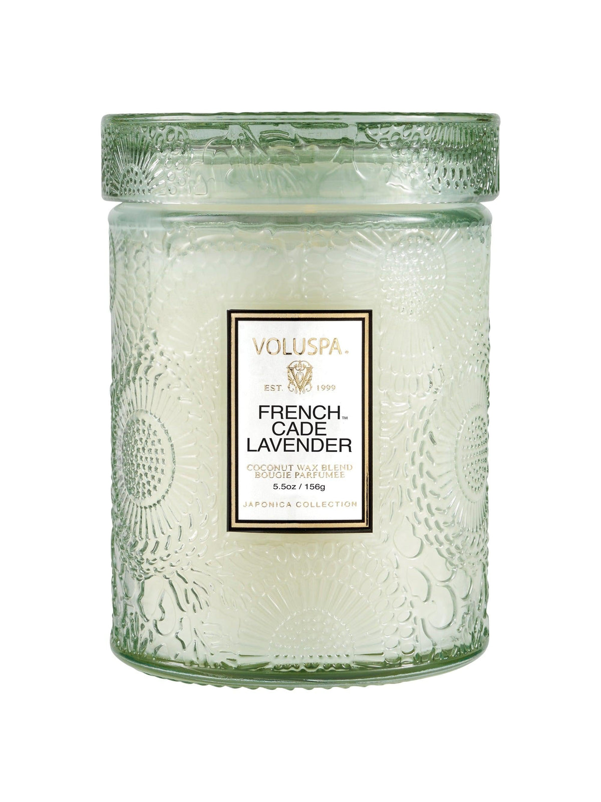 Voluspa French Cade Lavender Small Jar Candle, 5.5 oz, pale green embossed glass jar with the lid on