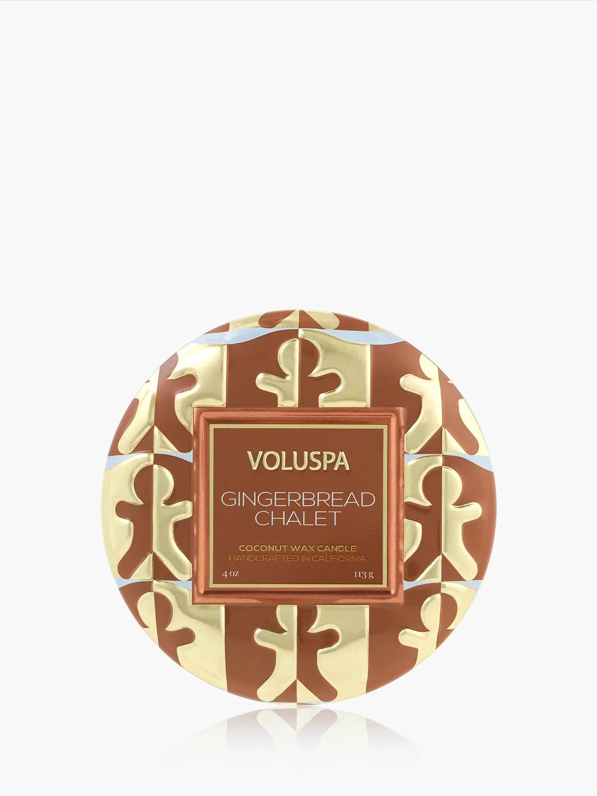 Voluspa Gingerbread Chalet Mini Tin Candle, brown and cream patterned lid viewed from above