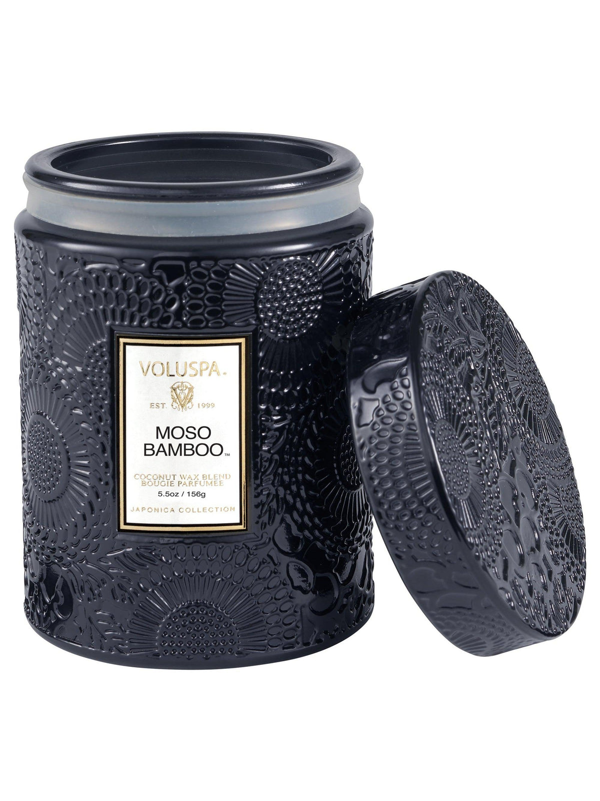 Voluspa Moso Bamboo Small Jar Candle, black embossed glass jar with the lid beside it