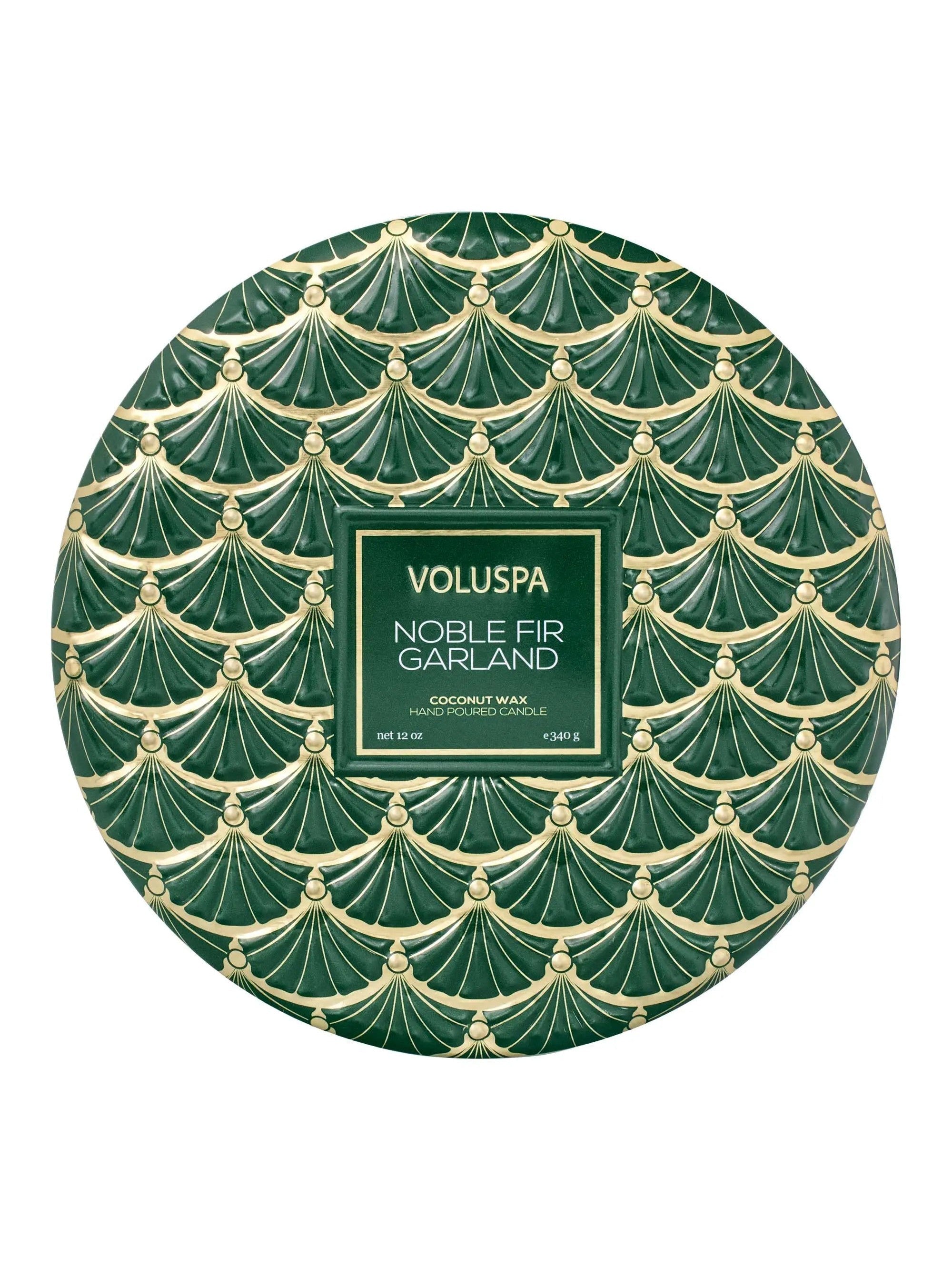 Voluspa Noble Fir Garland 3-Wick Tin Candle, green and gold patterned tin lid viewed from above