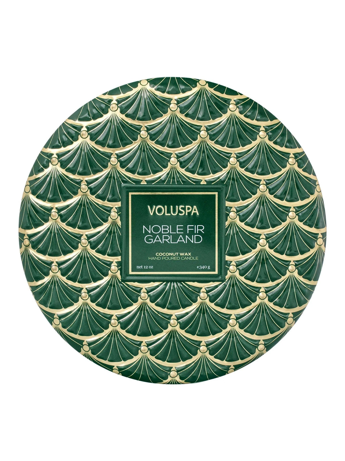 Voluspa Noble Fir Garland 3-Wick Tin Candle, green and gold patterned tin lid viewed from above
