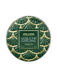 Voluspa Noble Fir Garland Mini Tin Candle, green and gold patterned lid viewed from above