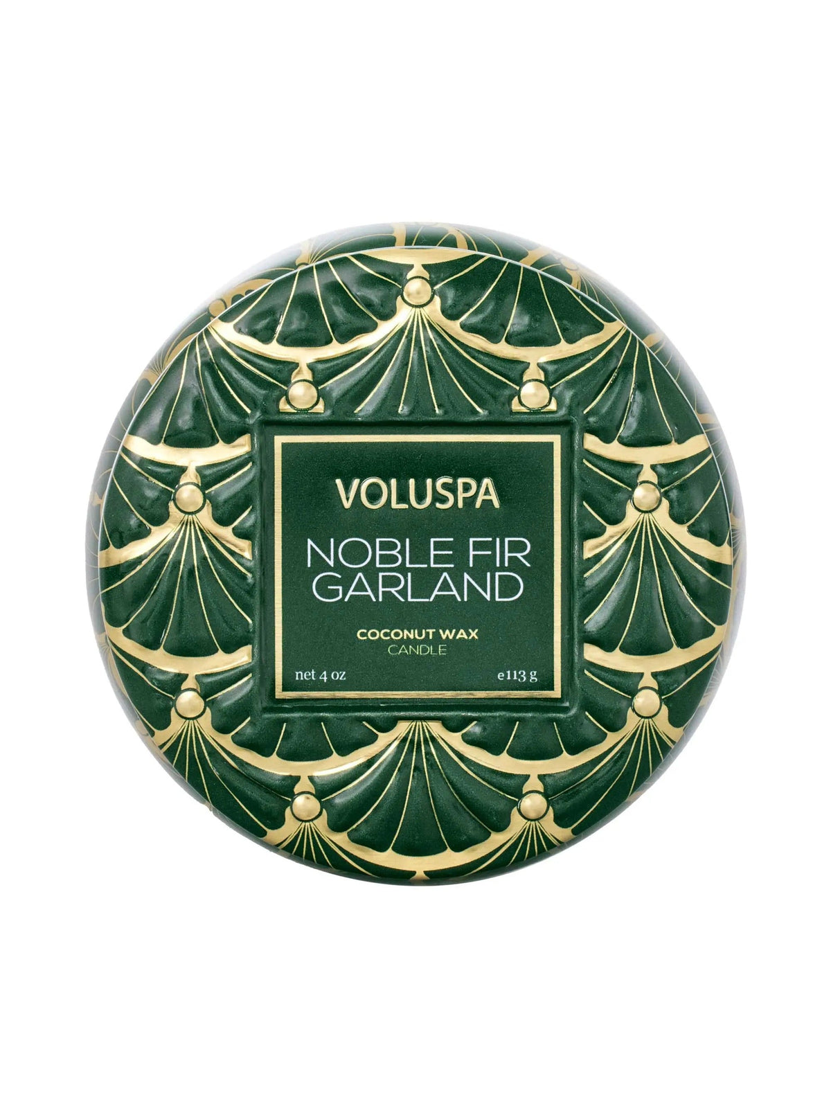 Voluspa Noble Fir Garland Mini Tin Candle, green and gold patterned lid viewed from above