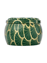 Voluspa Noble Fir Garland Mini Tin Candle, green and gold patterned tin with the lid on
