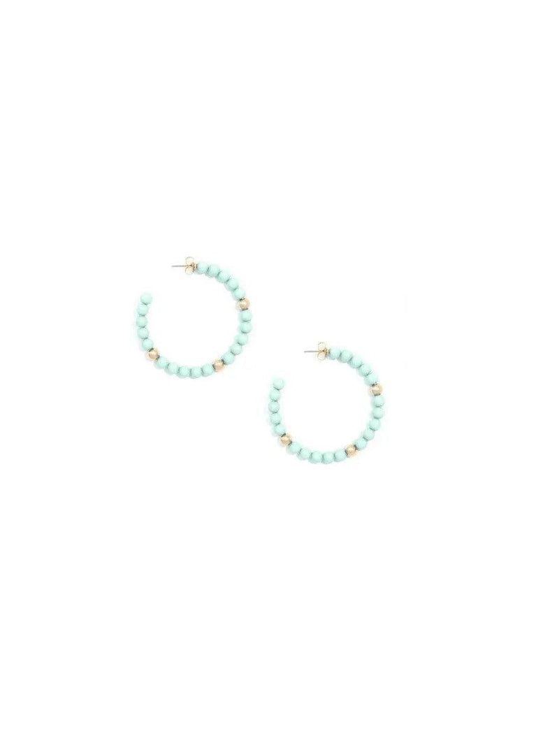 Mint Beaded, c-shaped resin hoop earring with accents of gold-tone beads.