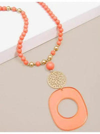 Emblem Charm And Resin Pendant Beaded Necklace Jewelry. Coral