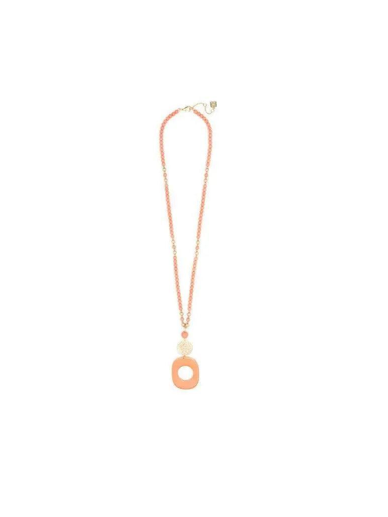 Emblem Charm And Resin Pendant Beaded Necklace Jewelry. Coral