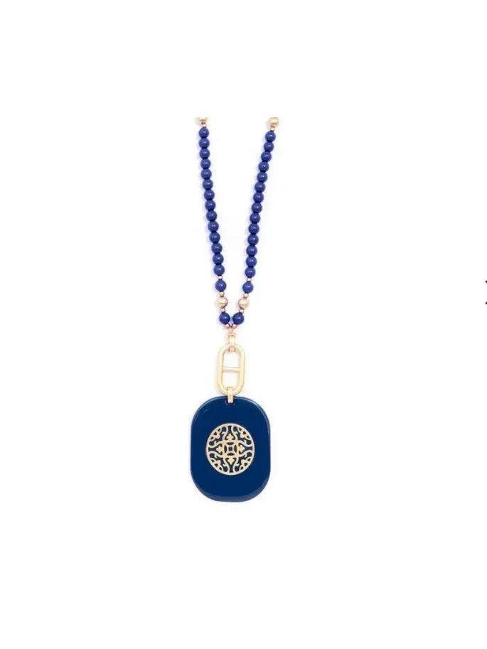 Resin Beaded Pendant Long Necklace. Navy