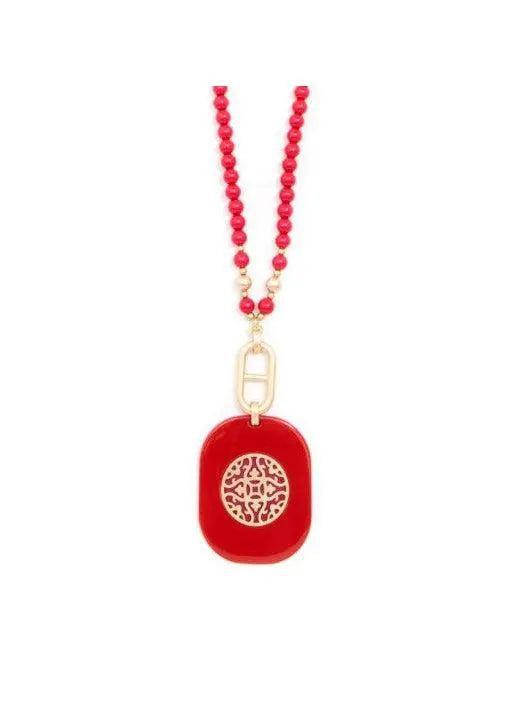 Resin Beaded Pendant Long Necklace. Red