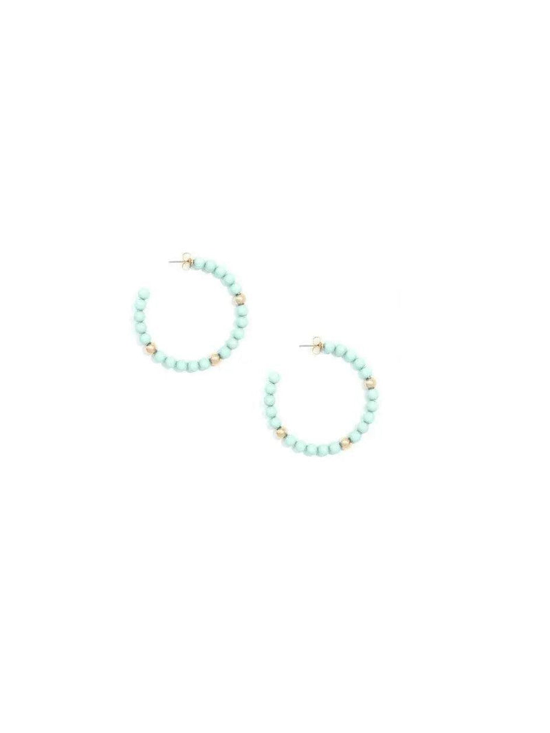 Beaded, c-shaped resin hoop earring with accents of gold-tone beads.